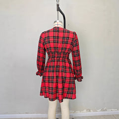 Bow deep V-neck lantern sleeve A-shaped skirt waist plaid dress