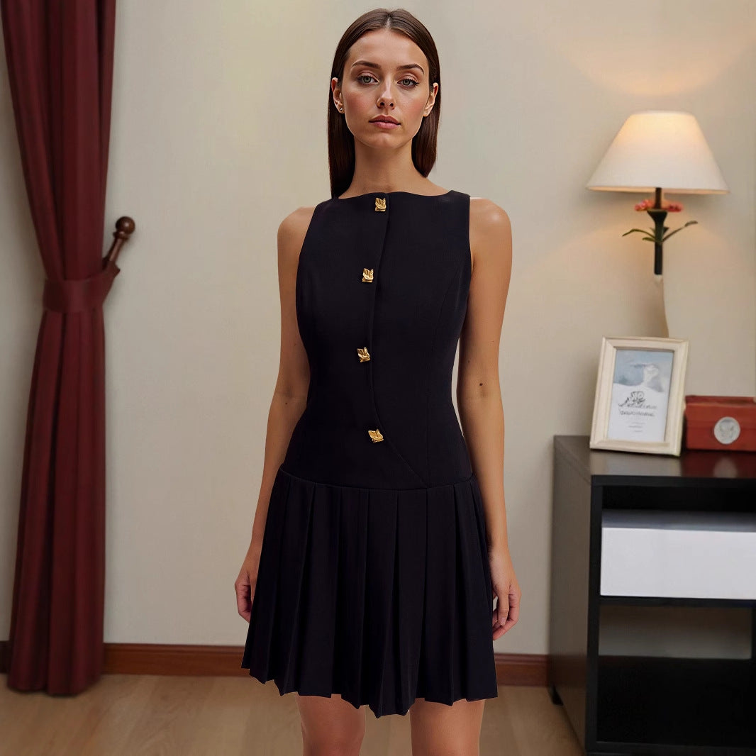 Personalized wide pendulum pleated waist solid color sleeveless short dress
