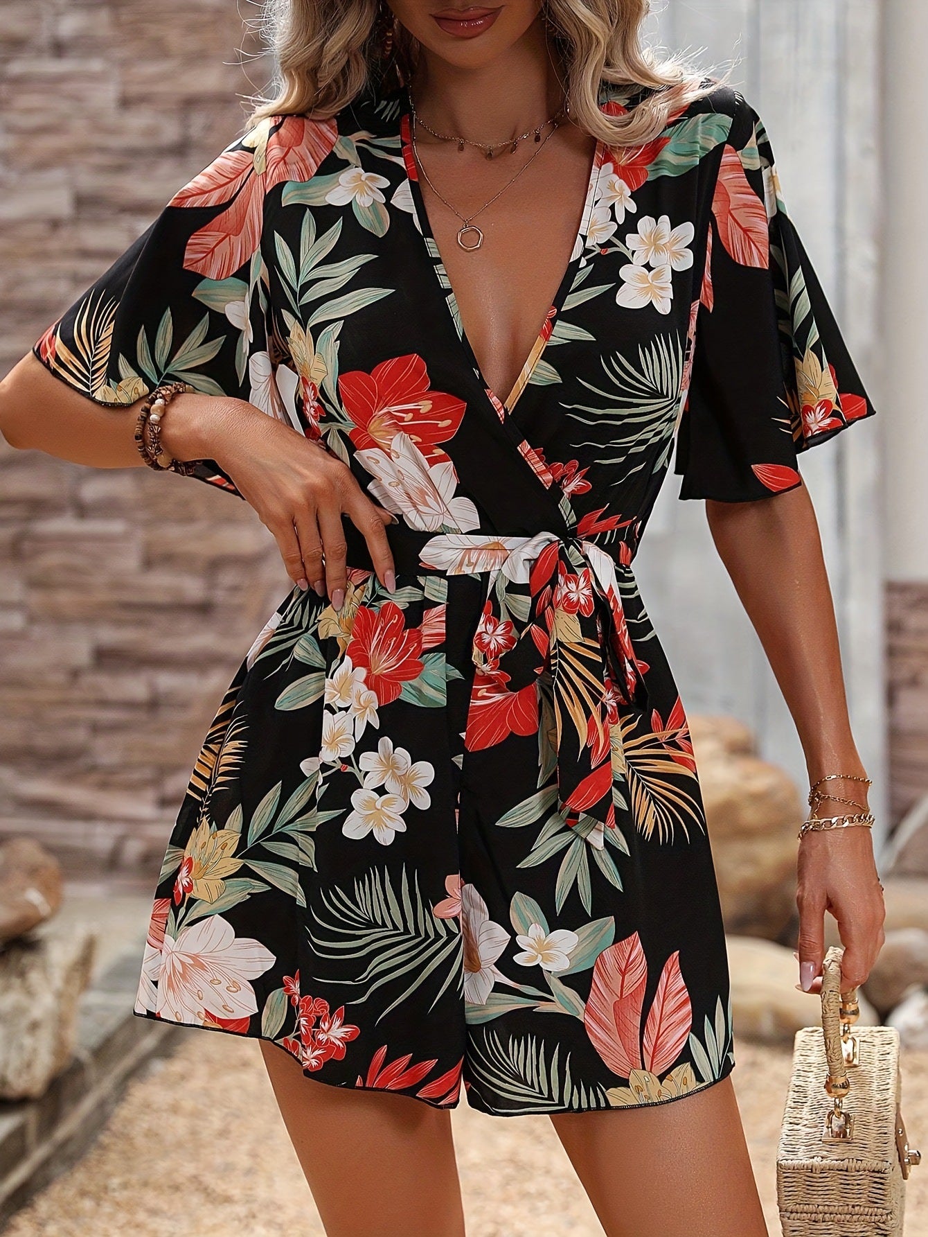 Beach Vacation Lotus Leaf Sleeve Cross Neck Belt Short Culottes Women's Loose Printed Jumpsuit