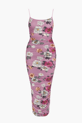 Isabel Ruched Mesh Floral Midi Dress