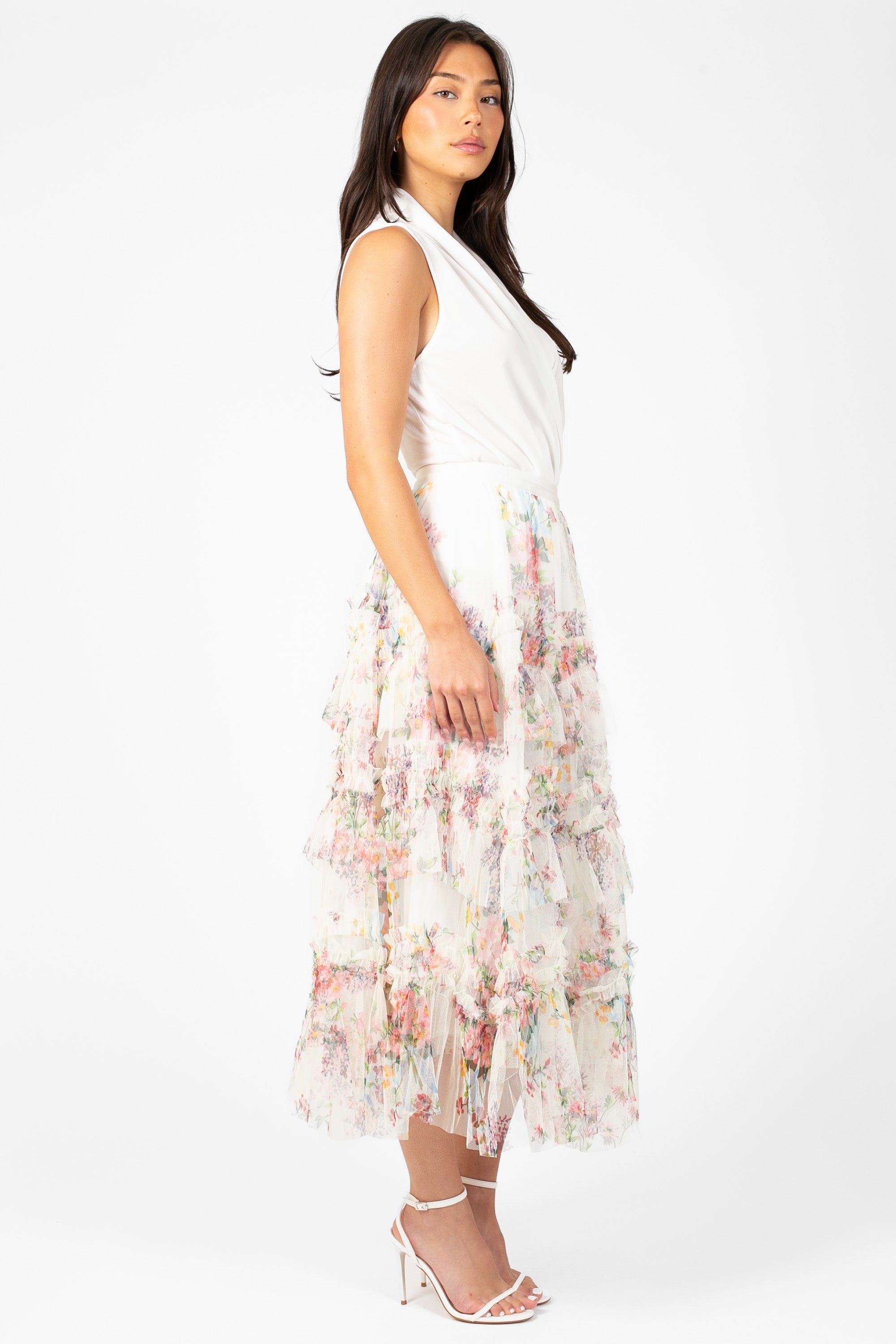 Astrea Floral Tulle Ruffle Midi Skirt
