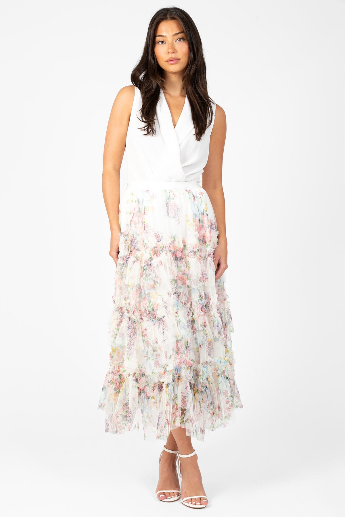 Astrea Floral Tulle Ruffle Midi Skirt
