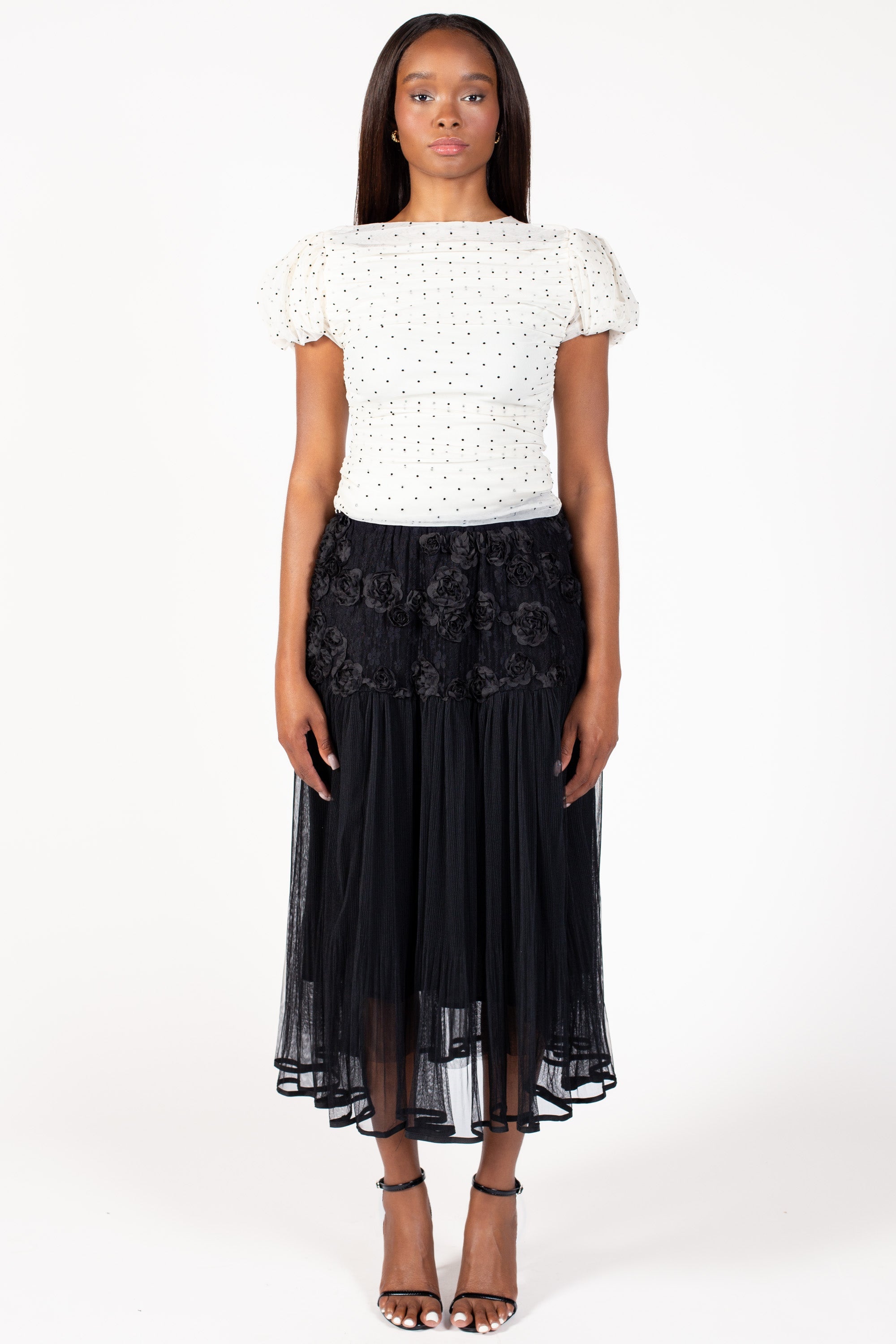 Angelica Mesh Ruched Polka Dot Blouse