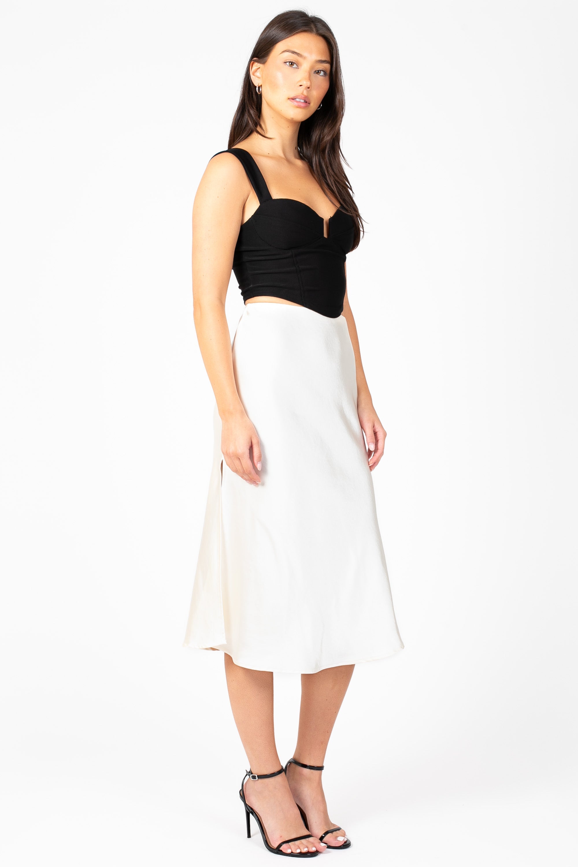 Gianina Side Slit Satin Midi Slip Skirt