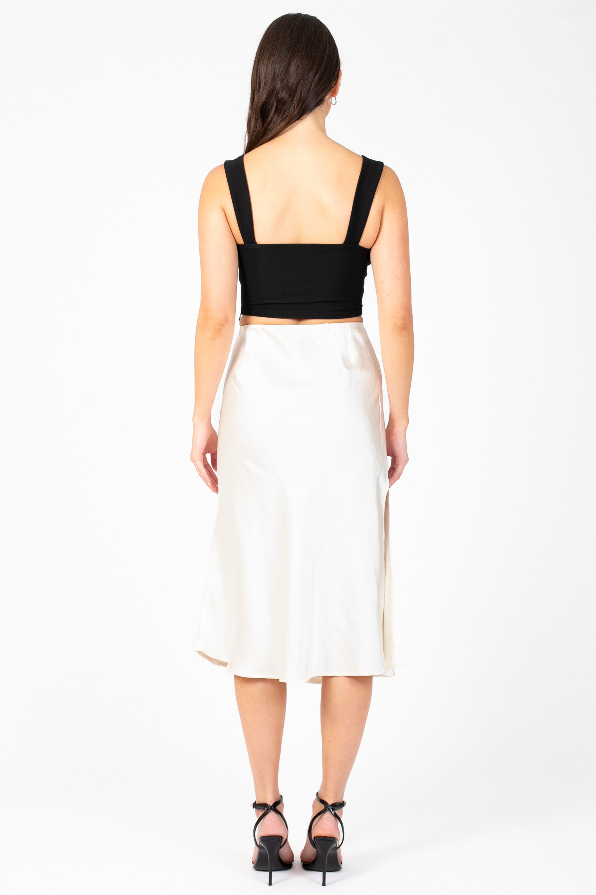 Gianina Side Slit Satin Midi Slip Skirt